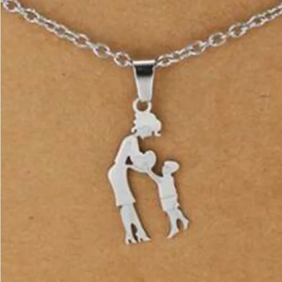 Silver Mother and Child Necklace, Stainless Steel Mother and Son Necklace - Picture 2 of 3